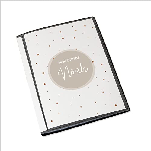 Personalisierte Zeugnismappe Kinder - Personalisiertes Geschenk zur Einschulung - inkl. 20 Klarsichthüllen DIN A4 - Zeugnismappe Mädchen - Zeugnismappe Junge - hellomini (Beige Punkte) von hellomini
