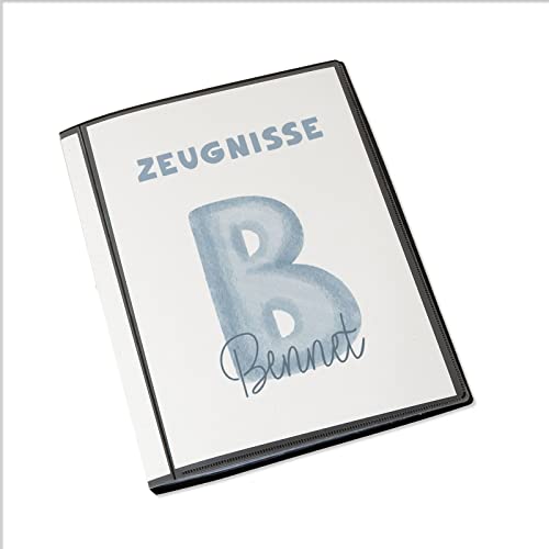 Personalisierte Zeugnismappe Kinder - Personalisiertes Geschenk zur Einschulung - inkl. 20 Klarsichthüllen DIN A4 - Zeugnismappe Mädchen - Zeugnismappe Junge - hellomini (Blauer Buchstabe) von hellomini