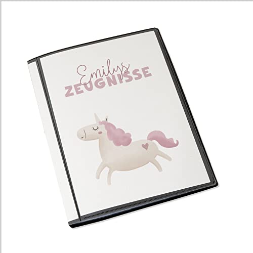 Personalisierte Zeugnismappe Kinder - Personalisiertes Geschenk zur Einschulung - inkl. 20 Klarsichthüllen DIN A4 - Zeugnismappe Mädchen - Zeugnismappe Junge - hellomini (Einhorn) von hellomini