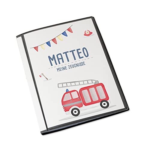 Personalisierte Zeugnismappe Kinder - Personalisiertes Geschenk zur Einschulung - inkl. 20 Klarsichthüllen DIN A4 - Zeugnismappe Mädchen - Zeugnismappe Junge - hellomini (Feuerwehr) von hellomini