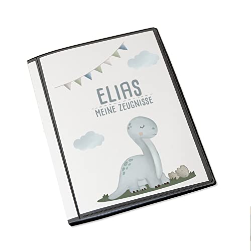 Personalisierte Zeugnismappe Kinder - Personalisiertes Geschenk zur Einschulung - inkl. 20 Klarsichthüllen DIN A4 - Zeugnismappe Mädchen - Zeugnismappe Junge - hellomini (Grauer Dino) von hellomini