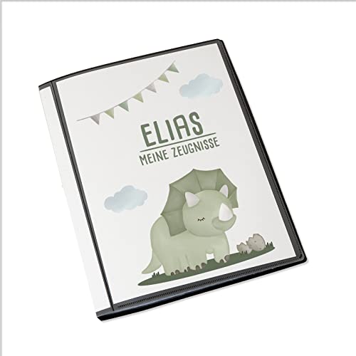 Personalisierte Zeugnismappe Kinder - Personalisiertes Geschenk zur Einschulung - inkl. 20 Klarsichthüllen DIN A4 - Zeugnismappe Mädchen - Zeugnismappe Junge - hellomini (Grüner Dino) von hellomini