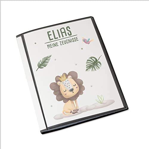 Personalisierte Zeugnismappe Kinder - Personalisiertes Geschenk zur Einschulung - inkl. 20 Klarsichthüllen DIN A4 - Zeugnismappe Mädchen - Zeugnismappe Junge - hellomini (Löwe) von hellomini