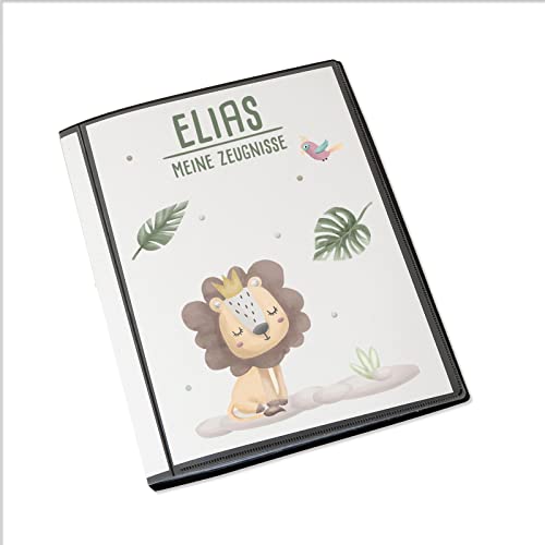 Personalisierte Zeugnismappe Kinder - Personalisiertes Geschenk zur Einschulung - inkl. 20 Klarsichthüllen DIN A4 - Zeugnismappe Mädchen - Zeugnismappe Junge - hellomini (Löwe) von HeLLo mini