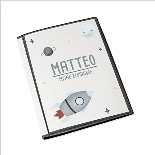 Personalisierte Zeugnismappe Kinder - Personalisiertes Geschenk zur Einschulung - inkl. 20 Klarsichthüllen DIN A4 - Zeugnismappe Mädchen - Zeugnismappe Junge - hellomini (Rakete) von hellomini