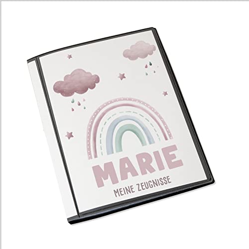 Personalisierte Zeugnismappe Kinder - Personalisiertes Geschenk zur Einschulung - inkl. 20 Klarsichthüllen DIN A4 - Zeugnismappe Mädchen - Zeugnismappe Junge - hellomini (Rosa Regenbogen) von hellomini