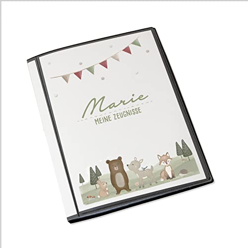 Personalisierte Zeugnismappe Kinder - Personalisiertes Geschenk zur Einschulung - inkl. 20 Klarsichthüllen DIN A4 - Zeugnismappe Mädchen - Zeugnismappe Junge - hellomini (Waldmotiv) von hellomini