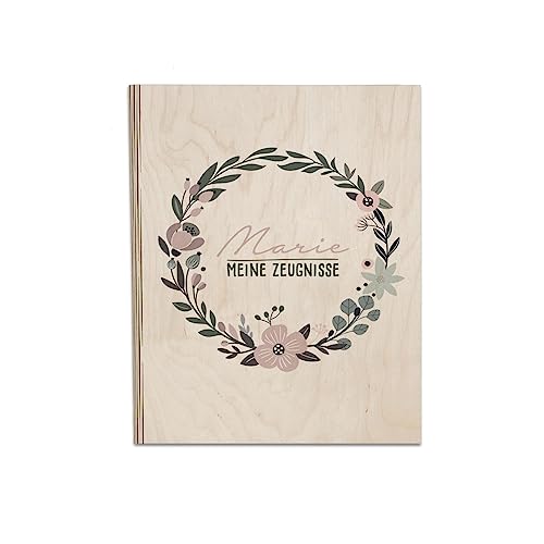 Personalisierte Zeugnismappe aus Birkenholz - Individuelles Geschenk zur Einschulung mit Namen - DIN A4 - Zeugnisringbuch Mädchen & Jungen - hellomini (Blumenkranz) von hellomini