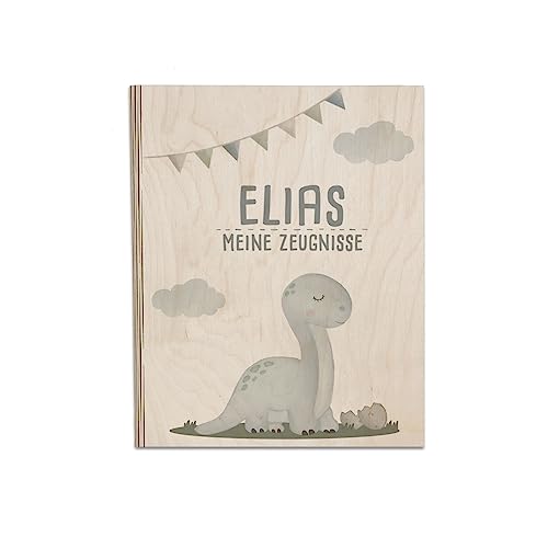 Personalisierte Zeugnismappe aus Birkenholz - Individuelles Geschenk zur Einschulung mit Namen - DIN A4 - Zeugnisringbuch Mädchen & Jungen - hellomini (Dino grau) von hellomini