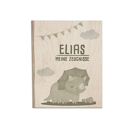 Personalisierte Zeugnismappe aus Birkenholz - Individuelles Geschenk zur Einschulung mit Namen - DIN A4 - Zeugnisringbuch Mädchen & Jungen - hellomini (Dino grün) von hellomini