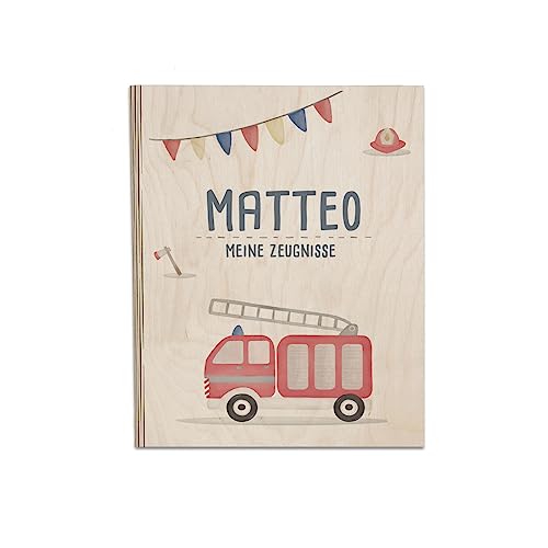Personalisierte Zeugnismappe aus Birkenholz - Individuelles Geschenk zur Einschulung mit Namen - DIN A4 - Zeugnisringbuch Mädchen & Jungen - hellomini (Feuerwehr) von hellomini