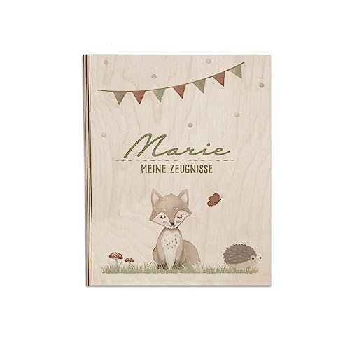 Personalisierte Zeugnismappe aus Birkenholz - Individuelles Geschenk zur Einschulung mit Namen - DIN A4 - Zeugnisringbuch Mädchen & Jungen - hellomini (Fuchs) von HeLLo mini