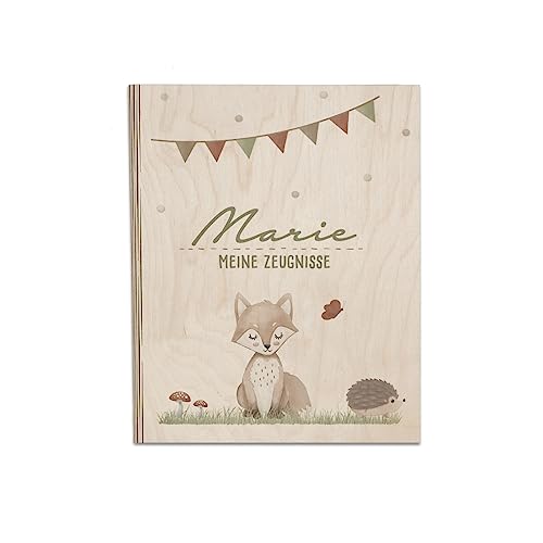 Personalisierte Zeugnismappe aus Birkenholz - Individuelles Geschenk zur Einschulung mit Namen - DIN A4 - Zeugnisringbuch Mädchen & Jungen - hellomini (Fuchs) von hellomini