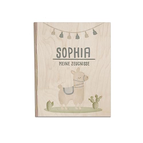 Personalisierte Zeugnismappe aus Birkenholz - Individuelles Geschenk zur Einschulung mit Namen - DIN A4 - Zeugnisringbuch Mädchen & Jungen - hellomini (Lama) von hellomini