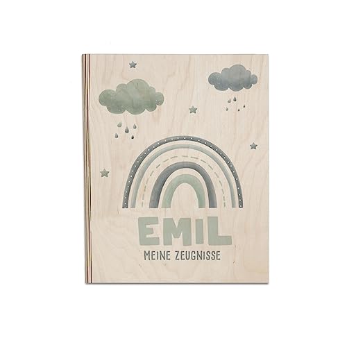 Personalisierte Zeugnismappe aus Birkenholz - Individuelles Geschenk zur Einschulung mit Namen - DIN A4 - Zeugnisringbuch Mädchen & Jungen - hellomini (Regenbogen blau) von hellomini