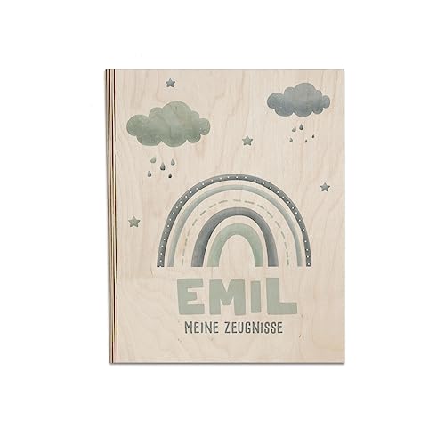 Personalisierte Zeugnismappe aus Birkenholz - Individuelles Geschenk zur Einschulung mit Namen - DIN A4 - Zeugnisringbuch Mädchen & Jungen - hellomini (Regenbogen blau) von HeLLo mini