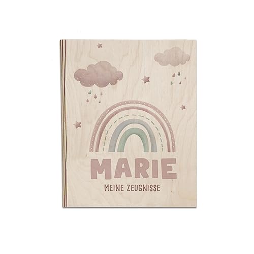 Personalisierte Zeugnismappe aus Birkenholz - Individuelles Geschenk zur Einschulung mit Namen - DIN A4 - Zeugnisringbuch Mädchen & Jungen - hellomini (Regenbogen rosa) von hellomini