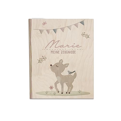 Personalisierte Zeugnismappe aus Birkenholz - Individuelles Geschenk zur Einschulung mit Namen - DIN A4 - Zeugnisringbuch Mädchen & Jungen - hellomini (Reh) von hellomini