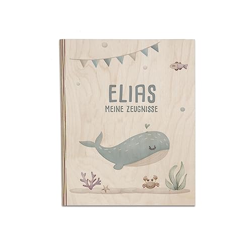 Personalisierte Zeugnismappe aus Birkenholz - Individuelles Geschenk zur Einschulung mit Namen - DIN A4 - Zeugnisringbuch Mädchen & Jungen - hellomini (Wal) von hellomini