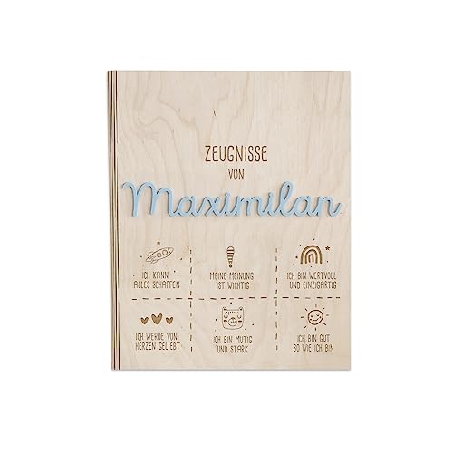 Personalisierte Zeugnismappe aus Birkenholz mit Acryl Namen - Individuelles Geschenk zur Einschulung - DIN A4 - Zeugnisringbuch Mädchen & Jungen - hellomini (Affirmation blau) von hellomini
