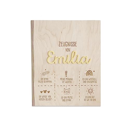 Personalisierte Zeugnismappe aus Birkenholz mit Acryl Namen - Individuelles Geschenk zur Einschulung - DIN A4 - Zeugnisringbuch Mädchen & Jungen - hellomini (Affirmation gelb) von hellomini