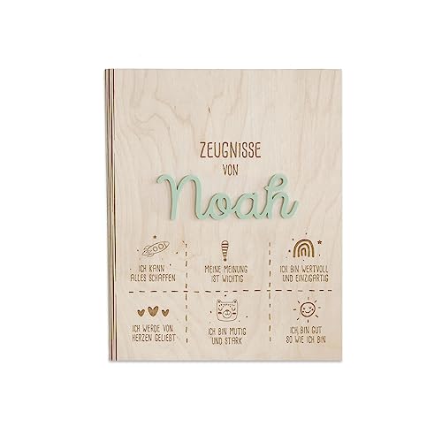 Personalisierte Zeugnismappe aus Birkenholz mit Acryl Namen - Individuelles Geschenk zur Einschulung - DIN A4 - Zeugnisringbuch Mädchen & Jungen - hellomini (Affirmation mint) von hellomini