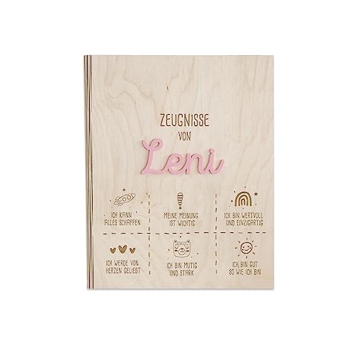 Personalisierte Zeugnismappe aus Birkenholz mit Acryl Namen - Individuelles Geschenk zur Einschulung - DIN A4 - Zeugnisringbuch Mädchen & Jungen - hellomini (Affirmation rosa) von HeLLo mini