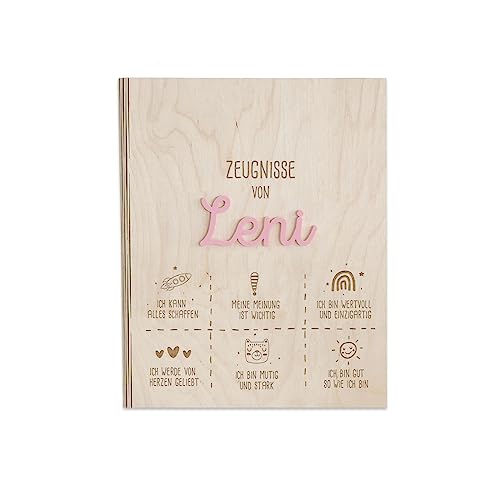 Personalisierte Zeugnismappe aus Birkenholz mit Acryl Namen - Individuelles Geschenk zur Einschulung - DIN A4 - Zeugnisringbuch Mädchen & Jungen - hellomini (Affirmation rosa) von hellomini