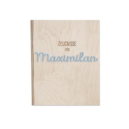 Personalisierte Zeugnismappe aus Birkenholz mit Acryl Namen - Individuelles Geschenk zur Einschulung - DIN A4 - Zeugnisringbuch Mädchen & Jungen - hellomini (Clean blau) von hellomini