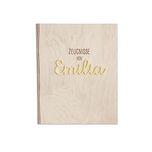 Personalisierte Zeugnismappe aus Birkenholz mit Acryl Namen - Individuelles Geschenk zur Einschulung - DIN A4 - Zeugnisringbuch Mädchen & Jungen - hellomini (Clean gelb) von hellomini