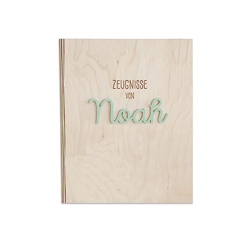 Personalisierte Zeugnismappe aus Birkenholz mit Acryl Namen - Individuelles Geschenk zur Einschulung - DIN A4 - Zeugnisringbuch Mädchen & Jungen - hellomini (Clean mint) von hellomini
