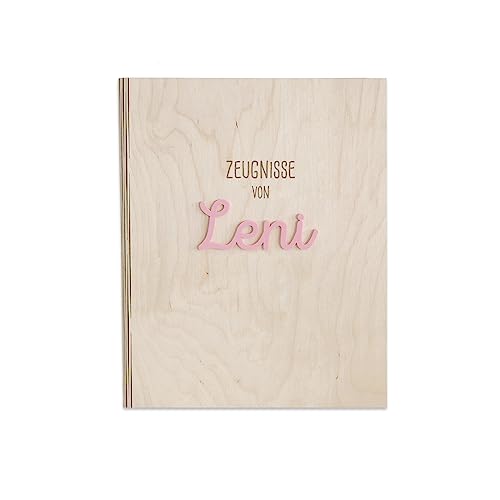 Personalisierte Zeugnismappe aus Birkenholz mit Acryl Namen - Individuelles Geschenk zur Einschulung - DIN A4 - Zeugnisringbuch Mädchen & Jungen - hellomini (Clean rosa) von hellomini