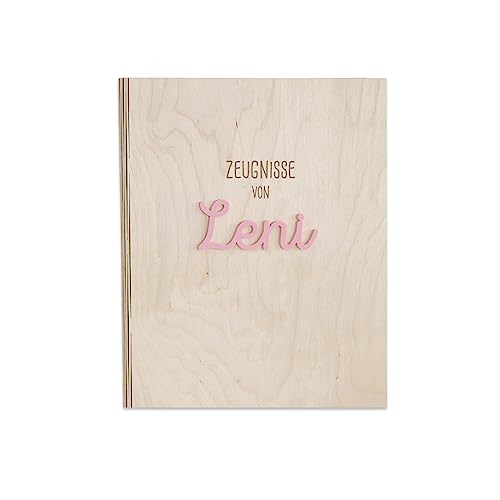 Personalisierte Zeugnismappe aus Birkenholz mit Acryl Namen - Individuelles Geschenk zur Einschulung - DIN A4 - Zeugnisringbuch Mädchen & Jungen - hellomini (Clean rosa) von HeLLo mini