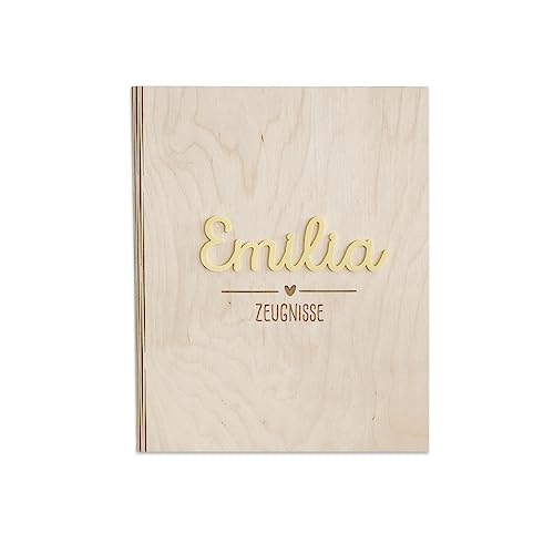 Personalisierte Zeugnismappe aus Birkenholz mit Acryl Namen - Individuelles Geschenk zur Einschulung - DIN A4 - Zeugnisringbuch Mädchen & Jungen - hellomini (Herz gelb) von hellomini