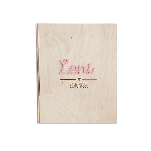 Personalisierte Zeugnismappe aus Birkenholz mit Acryl Namen - Individuelles Geschenk zur Einschulung - DIN A4 - Zeugnisringbuch Mädchen & Jungen - hellomini (Herz rosa) von hellomini