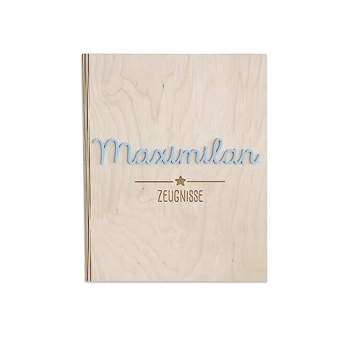 Personalisierte Zeugnismappe aus Birkenholz mit Acryl Namen - Individuelles Geschenk zur Einschulung - DIN A4 - Zeugnisringbuch Mädchen & Jungen - hellomini (Stern blau) von hellomini