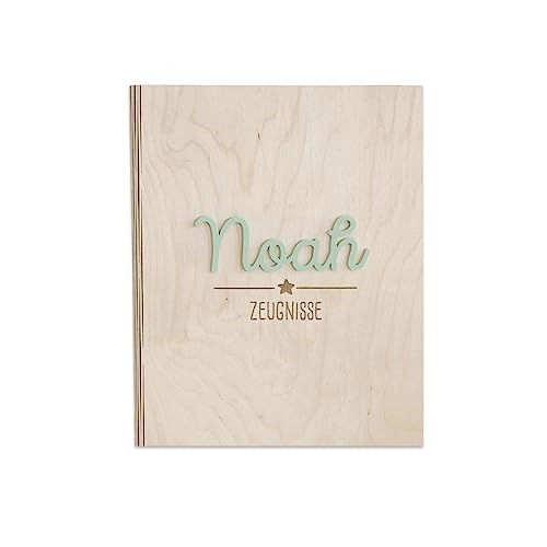 Personalisierte Zeugnismappe aus Birkenholz mit Acryl Namen - Individuelles Geschenk zur Einschulung - DIN A4 - Zeugnisringbuch Mädchen & Jungen - hellomini (Stern mint) von hellomini