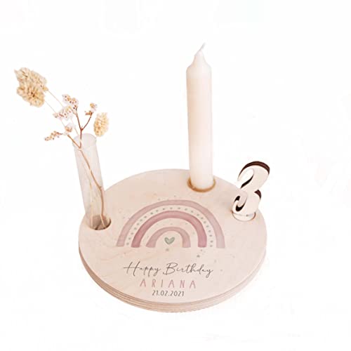 Personalisierter Geburtstagsteller aus Holz - Kerzenhalter, Vase & Zahlen - Geburtstagsdeko mit Gravur - 1. Geburtstag Kinder Geschenk - Geburtstagstisch - ⌀16 cm x 12mm h- hellomini (Regenbogen rosa) von HeLLo mini