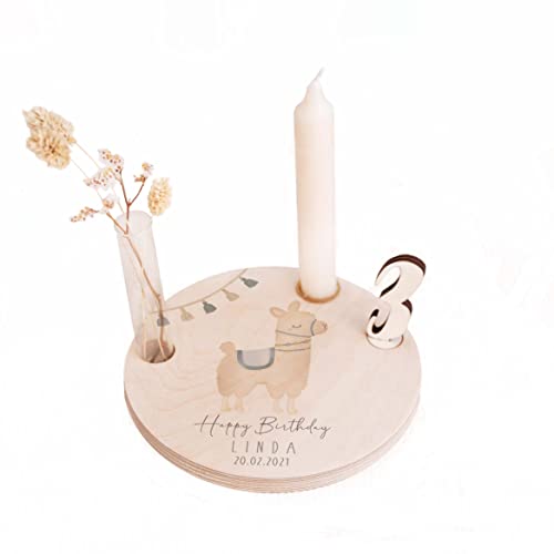 Personalisierter Geburtstagsteller aus Holz mit Kerzenhalter, Vase & Zahlen - Geburtstagsdeko mit Gravur - 1. Geburtstag Baby & Kinder Geschenk - Geburtstagstisch - ⌀16 cmx12mm h- hellomini (Alpaka) von HeLLo mini