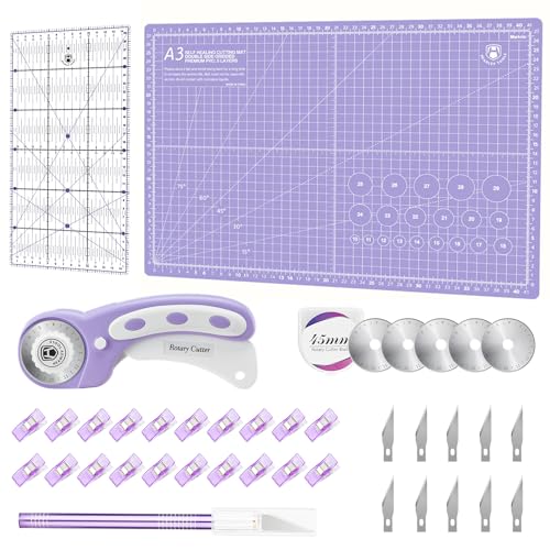 Rollschneider Set - 45mm Rollschneider Stoffschneider Set inkl. A3 Schneidematte, Ersatzklingen, Patchwork-Lineal, Stoffklammern, Bastelmesser set ideal zum Basteln, Nähen, Patchworken (Lila) von Headley Tools