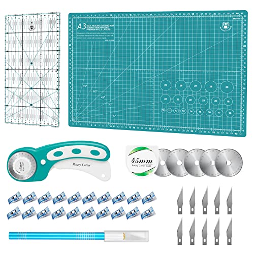 Rollschneider Set - 45mm Rollschneider Stoffschneider Set inkl. A3 Schneidematte, Rollschneider, Ersatzklingen, Patchwork-Lineal, Stoffklammern, Bastelmesser set ideal zum Basteln, Nähen, Patchworken Rollschneider Set - 45mm Rollschneider Stoffschneider Set inkl. A3 Schneidematte, Rollschneider, Ersatzklingen, Patchwork-Lineal, Stoffklammern, Bastelmesser set ideal zum Basteln, Nähen, Patchworken von Headley Tools