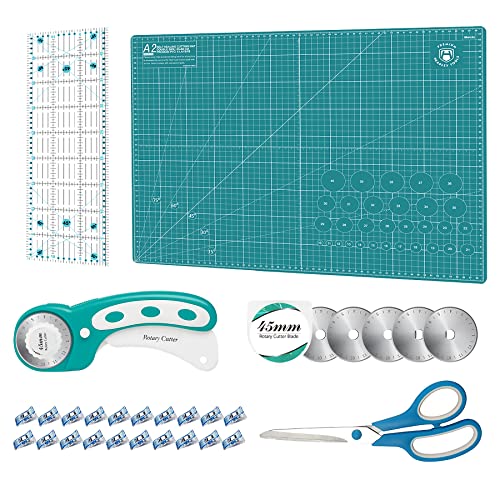 Rollschneider Set Türkis - 45mm Rollschneider Stoffschneider Set inkl. A2 Schneidematte, Rollschneider, Ersatzklingen, Patchwork-Lineal, Stoffklammern, Scheren ideal zum Basteln, Nähen, Patchworken von Headley Tools