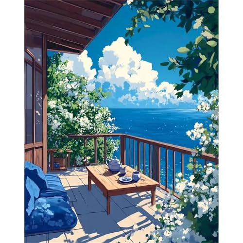 Heaen Malen Nach Zahlen Erwachsene Balkon mit Meerblick,DIY Handgemalt Ölgemälde Leinwand Kits Mit Pinsels und Acrylfarbe Als Geschenke und Heimdekoration Framed 40x50cm von Heaen