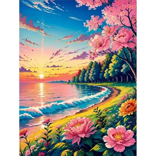 Heaen Malen Nach Zahlen Erwachsene Blume Fluss Baum,DIY Handgemalt Ölgemälde Leinwand Kits Mit Pinsels und Acrylfarbe Als Geschenke und Heimdekoration Rahmenlos 30x50cm von Heaen