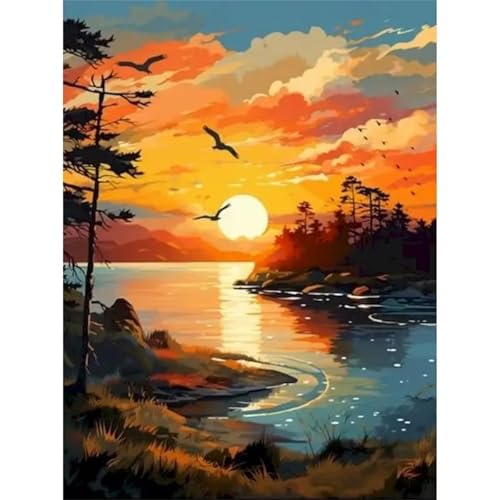 Heaen Malen Nach Zahlen Erwachsene Seeufer bei Sonnenuntergang,DIY Handgemalt Ölgemälde Leinwand Kits Mit Pinsels und Acrylfarbe Als Geschenke und Heimdekoration Rahmenlos 30x50cm von Heaen