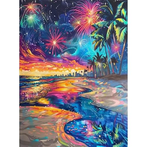 Heaen Nachtansicht am Meer Malen nach Zahlen Erwachsene,DIY Handgemalt Ölgemälde Kit 30x40cm,Paint by Numbers Adult Mit 3 - Pinseln und Acrylfarbe leinwand Kit Framed von Heaen