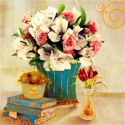 Heaen Vase Buch Blume Malen nach Zahlen Erwachsene,DIY Handgemalt Ölgemälde Kit 30x40cm,Paint by Numbers Adult Mit 3 - Pinseln und Acrylfarbe leinwand Kit Rahmenlos von Heaen