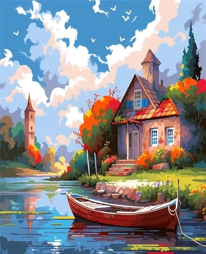 Malen Nach Zahlen Erwachsene,DIY Bootshaus Handgemalt Ölgemälde Kit für Anfänger und Erwachsene Mit 3-Pinseln und Acrylfarbe für Home Wand Dekor Rahmenlos 30x40cm von Heaen
