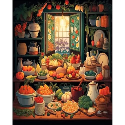 Malen Nach Zahlen Erwachsene,DIY Küche Obst Gemüse Handgemalt Ölgemälde Kit für Anfänger und Erwachsene Mit 3-Pinseln und Acrylfarbe für Home Wand Dekor Rahmenlos 30x40cm von Heaen