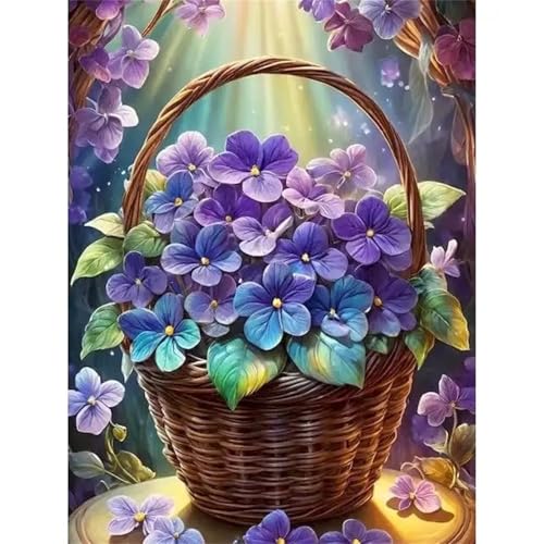 Malen Nach Zahlen Erwachsene,DIY Lila Blumenkorb Handgemalt Ölgemälde Kit für Anfänger und Erwachsene Mit 3-Pinseln und Acrylfarbe für Home Wand Dekor Framed 45x60cm von Heaen